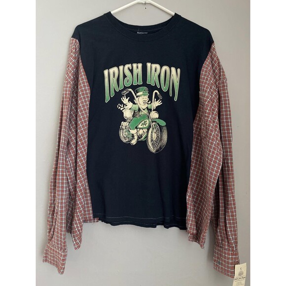 IRISH IRON Flannel Tee, Reworked Flannel, Tee, Upcycled, Motorcycle, Leprechaun - Picture 1 of 1